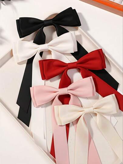 5 Piezas Grandes Lazos de Satén para Mujeres y Niñas, Clips de Cabello con Moño de Cinta Larga, Accesorios de Cabello Grandes de Estilo Francés de Seda, Pasadores Estéticos Balletcore para Boda, Fiesta y Uso Diario (Rojo, Rosa, Blanco), Pinzas para el Cabello, Accesorios para la Cabeza, Horquillas