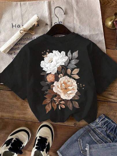 Teenage Girls' Cartoon Floral Print Round Neck T-Shirt, Spring/Summer Y2K Style, Soft Casual Tee For Girls