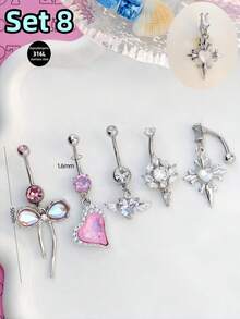 Morlyda 5件套可爱甜美粉色钢制蝴蝶、爱心、花朵肚脐环，不锈钢蛇形十字肚脐环，亚克力星星吊坠肚脐环，闪电肚脐环，猫咪肚脐环，适合女性和女孩，可用于情人节、圣诞节、日常佩戴、派对、度假、聚会等场合。 - 粉色 - 查看 7