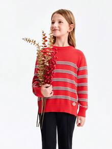 Annil [New Year's Outfit] Children's Round Neck Long Sleeve Sweater For Boys And Girls, Spring 2026 Style, Red, Pure Cotton Stripes - Maple Leaves Red - View 7