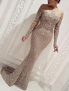 Women's Gold Sequin Maxi Dress Spring Summer Sparkly Glitter Slim Fit Elegant Party Dress - 米色 - 查看 3