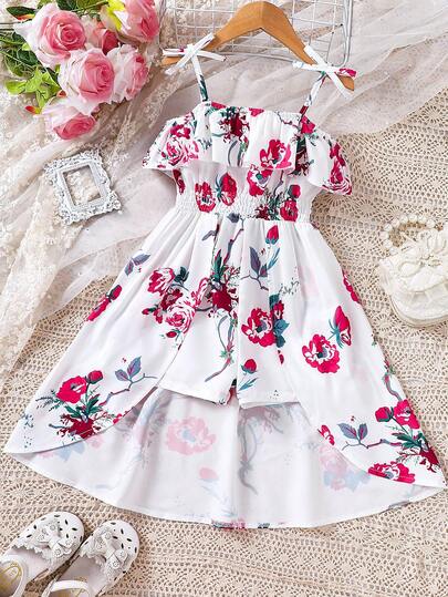 Young Girls' Summer Vacation Style Spaghetti Strap Bow Tie Ruffle Hem Short Jumpsuit With Flared Skirt