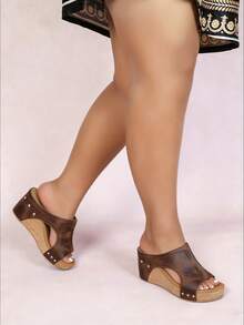 Thick-Soled Oblique Heel Retro Waterproof Platform, Comfortable And Elegant Slippers, Thick-Soled Wedge Sports Sandals, Women's Shoes - Brown - View 4