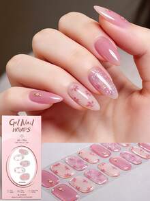 16片春夏浅粉色花卉金箔半固化凝胶美甲贴纸，闪亮花朵设计，易于粘贴和卸除，适合女性和女孩外出、通勤、聚会、DIY，需配合UV灯使用。 - 西瓜粉 - 查看 2