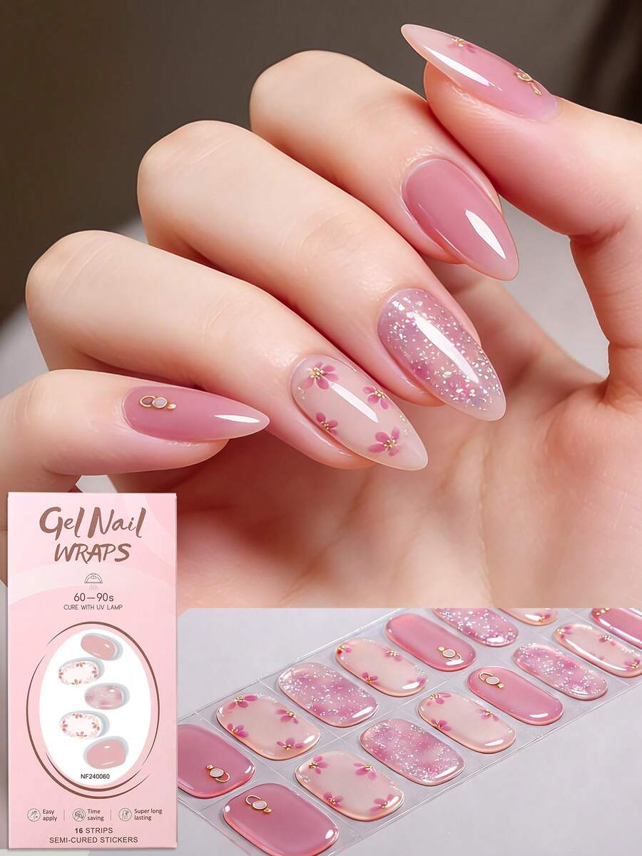 16片春夏浅粉色花卉金箔半固化凝胶美甲贴纸，闪亮花朵设计，易于粘贴和卸除，适合女性和女孩外出、通勤、聚会、DIY，需配合UV灯使用。