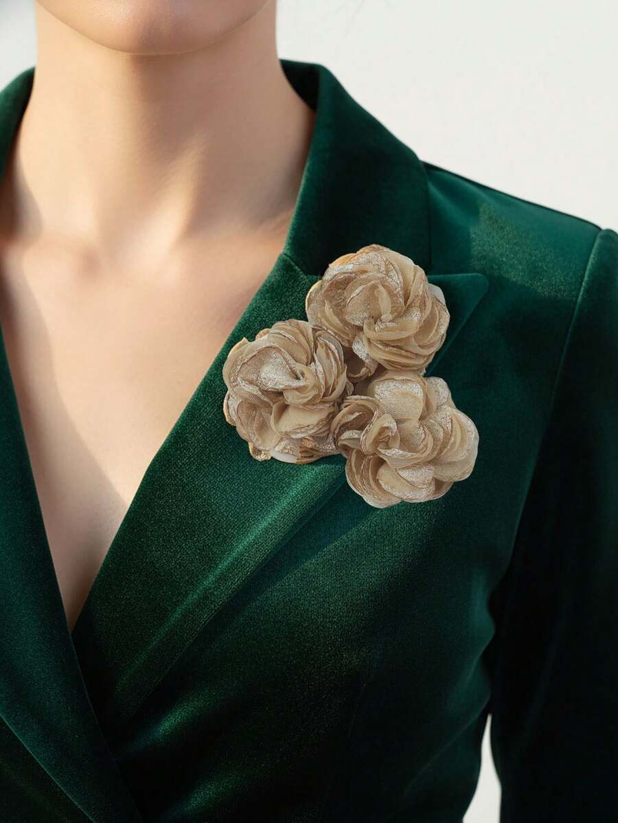 1pc Elegant Floral Mesh Rose Brooch, Suitable For Women To Wear On Daily, Party, And Work Outfits - Shape - View 1
