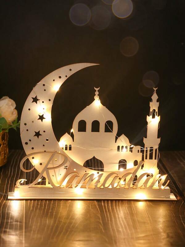 Eid Mubarak Wooden Table Sign - 15.6x30cm Festive Ramadan Centerpiece With Crescent Moon & Lantern Design,Perfect For Home & Party Decor Freestanding, No Power Required, Islamic Home Decor