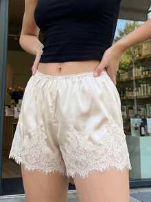 Boho Women's Lace Trim Satin Silk Shorts Shiny Elastic Waist Mini Shorts Pettipants Half Slip Shorts French Knickers Boyshorts For Dresses Full Coverage Underwear Lounge Pants - 奶油色 - 查看 5