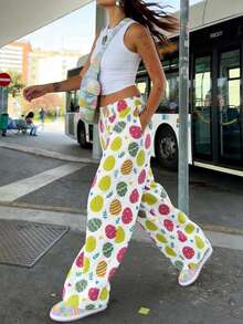 Pantalones de pierna ancha con estampado de huevo LOVE JOYY para mujer, pantalones casuales sueltos, adecuados para el uso diario de primavera y fiestas de Pascua - Multicolor - Ver 5