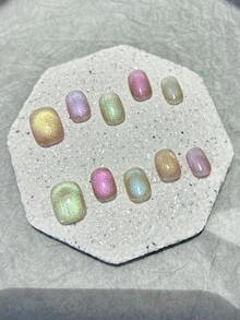 10片彩色猫眼手工美甲贴片，彩虹泡泡多巴胺猫眼闪粉玻璃珠美甲，夏季奢华时尚百搭短款假指甲，按压式美甲贴片/短款按压式美甲贴片/美甲用品（1张果冻贴纸+1个指甲锉） 手工按压式美甲贴片 - 彩色 - 查看 3