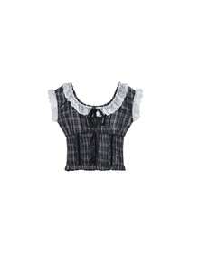 French Retro Lace Trim Square Collar Short Sleeve Blouse, Tie Waist Ruched Cropped Top For Summer Black - Black - View 6