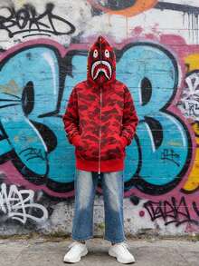 Sudadera con Capucha Unisex Tipo Oversized | Estampado Militar y Bordado de Tiburón | Cremallera Entera, Conjunto a Juego para Parejas | Buzo Ligero pero Abrigado, Ideal para Temporada de Frío - Rojo - Ver 6