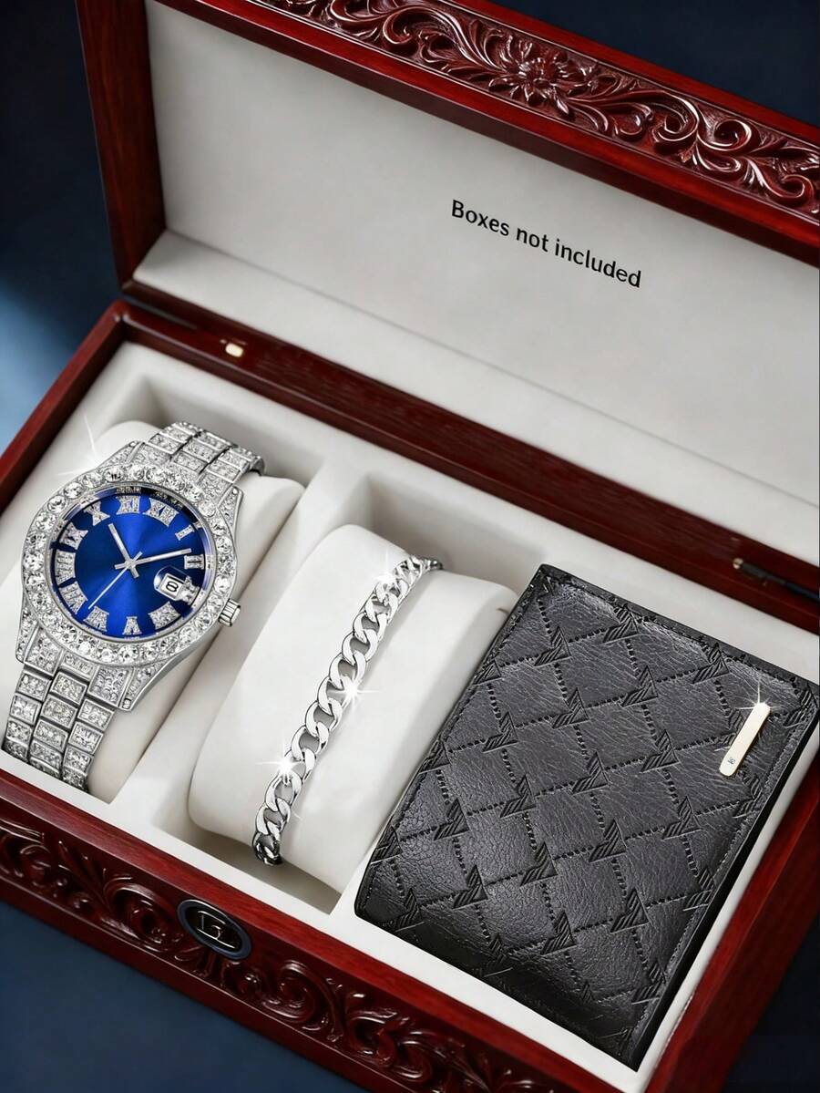 3pcs Luxury Crystal Inlaid Men's Silver Watch Set, Including 1 Crystal Blue Roman Numeral Quartz Watch, 1 Silver Chain Bracelet, 1 Black Rhombus Textured PU Wallet, With Silver Metal Strap And Sparkling Crystal Bezel. - Silver - View 1