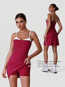 Sodalemon Women's Contrast Color Workout Fitness Dress, Elastic Sports Casual Yoga Dress With Contrast Lining Summer - Red Violet - View 10