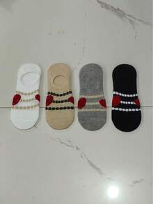 4双装女士纯棉薄袜，新款心形船袜，韩版涂鸦条纹防滑透气隐形袜，随机发货 - 彩色 - 查看 6