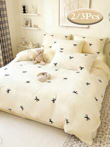 2/3 piezas Juego de ropa de cama con estampado de lazo, ultra suave y transpirable, juego de sábanas, resistente a las arrugas, tamaño completo (1 funda nórdica + 1/2 fundas de almohada, sin relleno), adecuado para todas las estaciones - suave y cómodo, adecuado para dormitorio, hogar, hotel, con cierre de cremallera y fundas de almohada, multicolor duradero, juego de ropa de cama extra grande, adecuado para la decoración de la habitación, viajes y dormitorio (niños/niñas) - Blanco - Ver 1