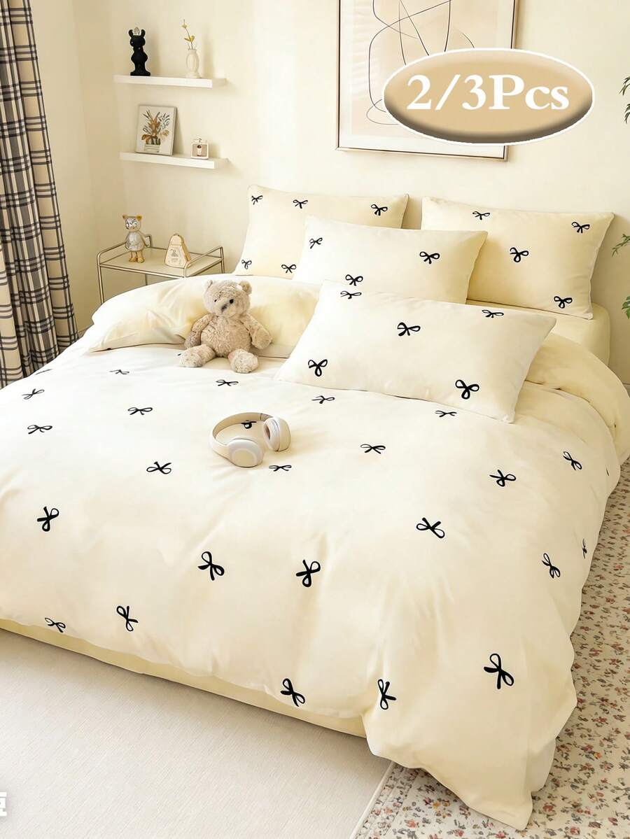 2/3 piezas Juego de ropa de cama con estampado de lazo, ultra suave y transpirable, juego de sábanas, resistente a las arrugas, tamaño completo (1 funda nórdica + 1/2 fundas de almohada, sin relleno), adecuado para todas las estaciones - suave y cómodo, adecuado para dormitorio, hogar, hotel, con cierre de cremallera y fundas de almohada, multicolor duradero, juego de ropa de cama extra grande, adecuado para la decoración de la habitación, viajes y dormitorio (niños/niñas) - Blanco - Ver 1