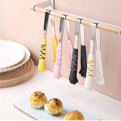 1pc Cat Paw Shaped Food Clip, Cute Stainless Steel Small Size Kitchen Bread Cookie Snack Clip, Barbecue Tongs