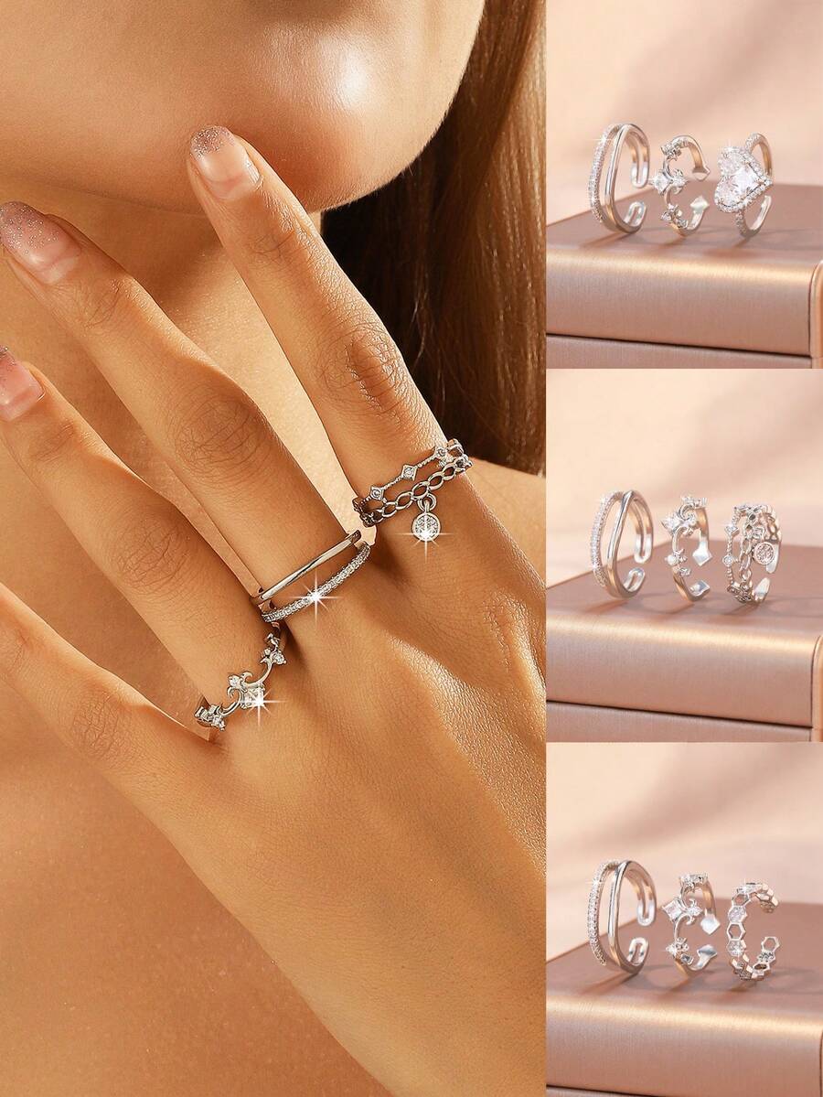 3pcs/Set Fashionable Silver Heart Woven Textured Geometric Rings Set For Women, Innovative Design, Lightweight & Luxurious, Open Rings - Silver - View 1