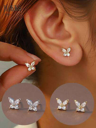 Hihho 1 Pair Fashion Cubic Zirconia Butterfly Stud Earrings, Suitable For Women's Daily, School, Commute Accessories, Also Can Be Birthday Gift For Classmates, Sisters, Daughters