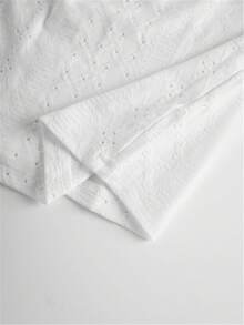 Perforated Embroidery Square Neck T-Shirt, Casual Short Sleeve Pleated Front Top, Women Apparel For Spring/Summer - White - View 9