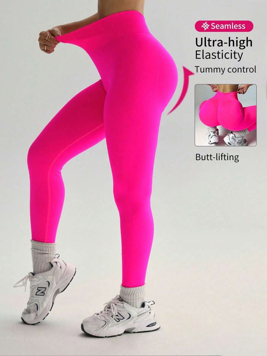 Seamless High-Elasticity Women's Solid Color Sports Leggings,Women Tuck In The Abdomen Leggings,Lift The Buttocks And Slim The Legs Leggings,Soft Touch Quick Dry Breathable Four-Way Stretch Hip Lift Leggings For Women,Multi-Color Options (Black/Brown/Blue/Green) - 玫紅色 - 查看 1