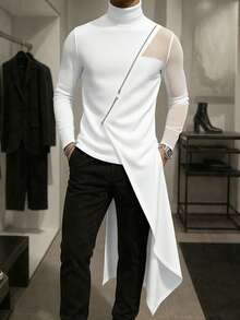 INCERUN Mens High Neck Long Sleeve Mesh Sheer Patchwork Asymmetrical Hem Blouse Shirt Tops Party Club Slim Fit T-Shirt - trắng - Xem 1