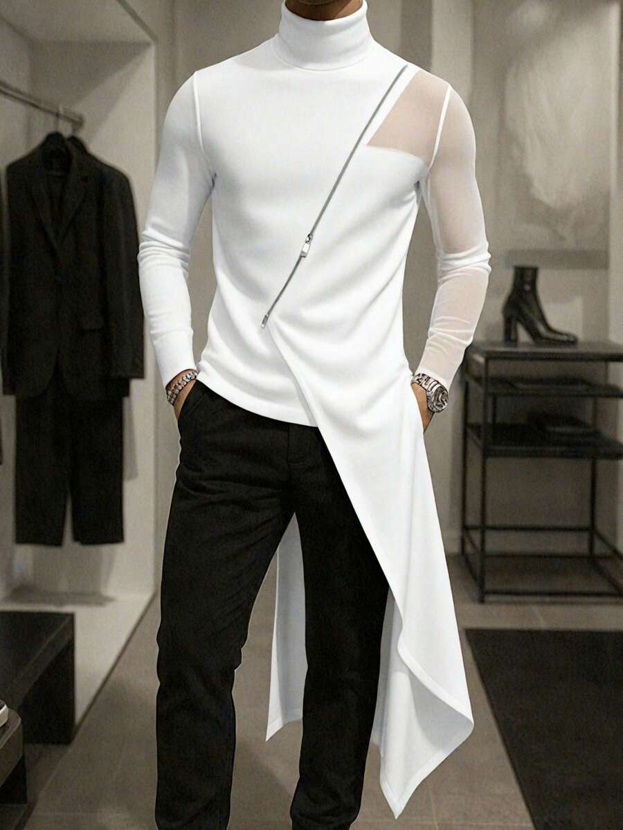 INCERUN Mens High Neck Long Sleeve Mesh Sheer Patchwork Asymmetrical Hem Blouse Shirt Tops Party Club Slim Fit T-Shirt - trắng - Xem 1