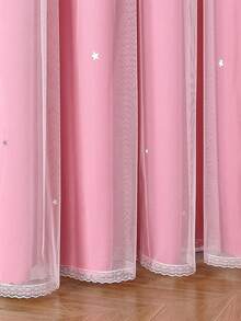 1pc Hollow Star Sheer Curtain, Polyester Lace Double Layer Curtain, Darkening Curtain For Living Room Bedroom, Cute Style - Coral Pink - View 6