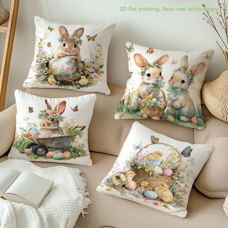 MEMNUN 4件套复活节花卉彩蛋篮小鸡兔子印花涤纶装饰枕套【不含枕芯】，尺寸：17.7*17.7英寸（45*45厘米）/19.69*19.69英寸（50*50厘米）/15.75*15.75英寸（40*40厘米），【单面印花】花卉蝴蝶彩蛋复活节春季主题抱枕套，房间装饰，家居装饰 - 彩色 - 查看 1