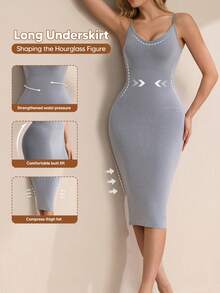 Suprenx 1pc Women's Spaghetti Strap Tummy Control Lift Bust Bodycon Dress, Suitable For Layering Or Outerwear - Light Grey - View 2