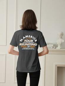 女士休闲宽松百搭舒适个性字母印花圆领 T 恤上衣 - 深灰 - 查看 4