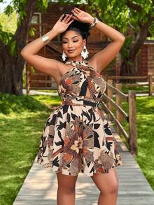 BIUBIU 大码女式夏季热带植物印花露背抹胸镂空无袖短裙，适合度假旅行（随机花卉图案）优雅 - 杏桃褐色 - 查看 1