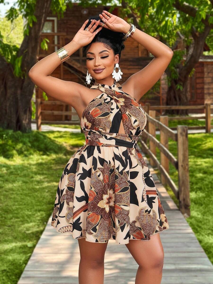 BIUBIU 大码女式夏季热带植物印花露背抹胸镂空无袖短裙，适合度假旅行（随机花卉图案）优雅 - 杏桃褐色 - 查看 1