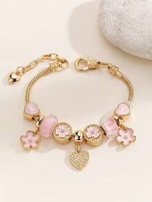 心形花朵吊坠手链 经典心形水钻手链 心形T字手链 时尚金色心形手链 女孩情人节礼物 - 彩色 - 查看 11