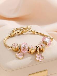 心形花朵吊坠手链 经典心形水钻手链 心形T字手链 时尚金色心形手链 女孩情人节礼物 - 彩色 - 查看 4