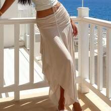 Women's Solid Color Slit Waist Elegant Skirt Spring - Apricot - View 2