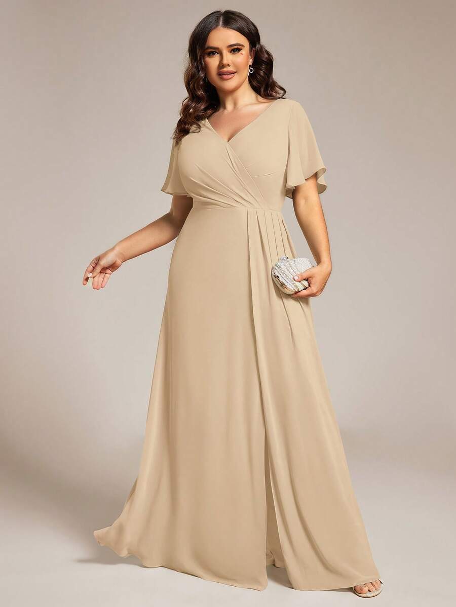 Plus Size Butterfly Sleeve V-Neck Ruched High Slit Champagne Bridesmaid Dress, Suitable For Weddings, Parties, Spring/Summer Wedding Guests, Formal Occasions, Mother's Day, Bridal Party
