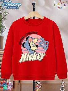 1pc Disney Mickey Mouse Retro Hooded Portrait & Number 28 Graphic Print Tween Boys Vintage Casual Sweatshirt, Soft Skin-Friendly & Versatile, Perfect For School Days And Weekend Outings - 紅色 - 查看 1