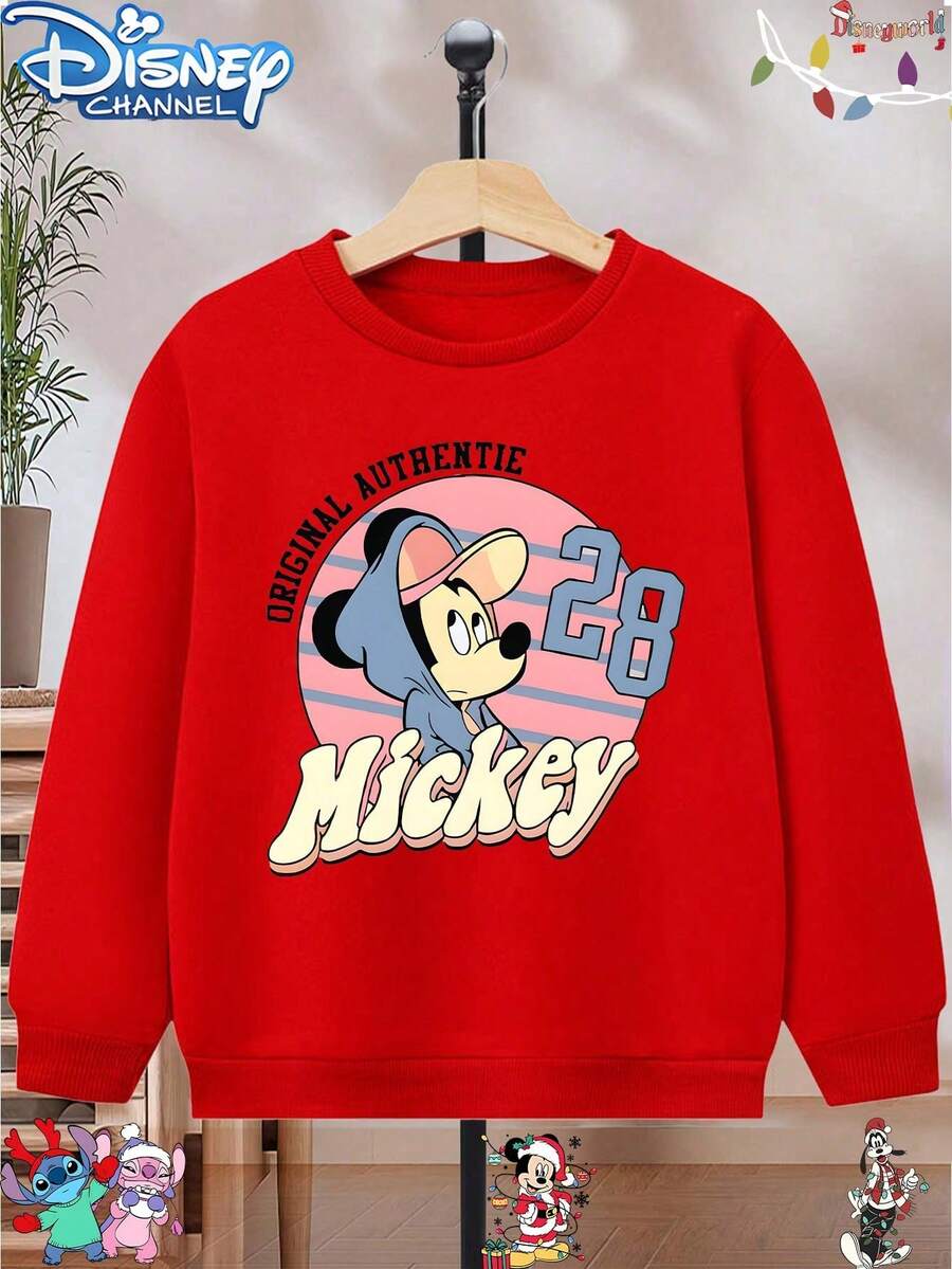 1pc Disney Mickey Mouse Retro Hooded Portrait & Number 28 Graphic Print Tween Boys Vintage Casual Sweatshirt, Soft Skin-Friendly & Versatile, Perfect For School Days And Weekend Outings - 紅色 - 查看 1