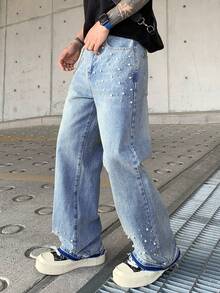 Men's Loose Fit Washed Faded Denim Jeans, Wide Leg Relaxed Gothic Rock Street Fashion Design, Suitable For All Seasons - Blue - View 3