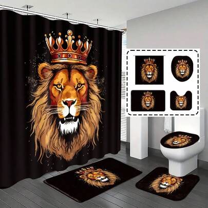 1pc/4pcs Bathroom Shower Curtain Set, Bathroom Decor, Bathroom Rug, Home Decor, Bath Mat, Animal Theme Decoration, Bathroom Set, Comes With 12 Hooks