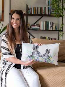 2pcs Easter Style Pillow Covers, Easter Eggs & Bunny Print Pattern, Super Soft Material Cushion Cases With Invisible Zipper Closure, Machine Washable, Home Decorative Throw Pillow Covers For Sofa, Living Room, Bedroom, No Pillow Insert - Multicolor - View 7