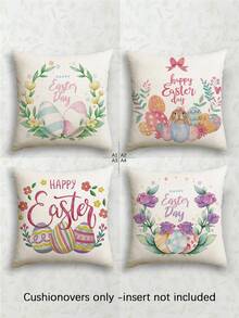4pcs Easter Style Pillow Covers, Easter Eggs & Bunny Print Pattern, Vintage Linen Material Cushion Cases, Hidden Zipper Closure, Machine Washable, Home Decorative Throw Pillow Covers For Sofa, Living Room, Bedroom, No Pillow Insert - Multicolor - View 13
