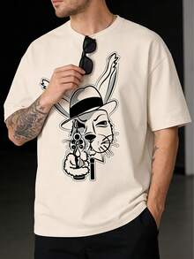 1件男士时尚百搭朋克兔子印花短袖T恤，夏季 - 杏色 - 查看 9