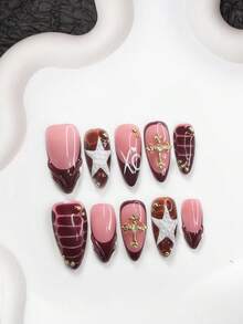 10件套奢华法式亚克力美甲套装，包含亚克力美甲贴纸、金色闪粉十字架装饰、手绘白色不对称雨滴和五角星图案、红色方形设计，尽显高贵气质，是送给女性和女孩的理想美甲礼物。套装包含美甲工具（1张果冻贴纸+1把指甲锉），三种尺寸可选：杏仁形、鸭嘴形、棺材形美甲。手工美甲贴片。 - 彩色 - 查看 18