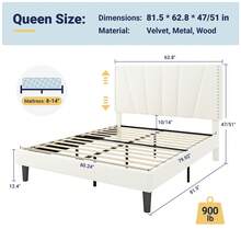 Allewie Full/Queen/King Size Bed Frame With Adjustable Velvet Upholstered Headboard, Rivet-Style Nailhead Trim Detail Platform Bed Frame, Wooden Slat Support, No Box Spring Needed, Easy Assembly, White - trắng - Xem 9
