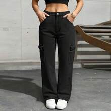 女士长款直筒牛仔工装裤，带口袋，休闲装 - 黑色 - 查看 2