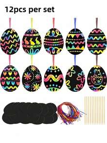 12/24pcs Easter Scratch Art Set, Includes Easter Eggs, Scratch Art, Easter Scratch Paper, Scratch Art Set, Easter Craft Set And Easter Ribbons. - Multicolor - View 13