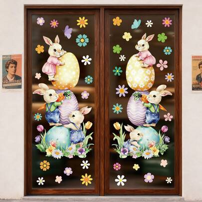 2 naklejki na okna z wielkanocnym króliczkiem, wiosenne kwiaty i jajka, statyczne naklejki, odpowiednie do dekoracji szklanych drzwi domu i sklepu